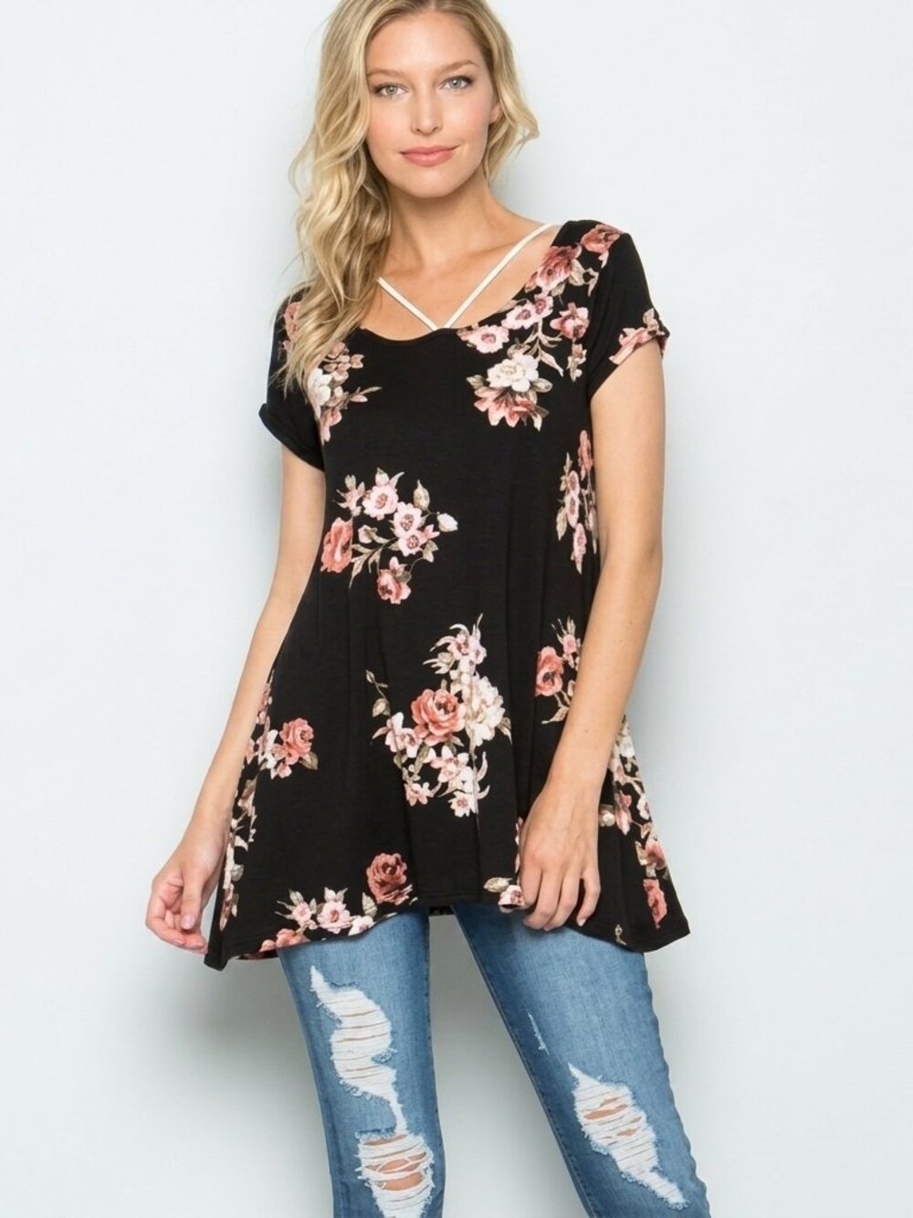 Long Tunic top With White Straps and Black Floral